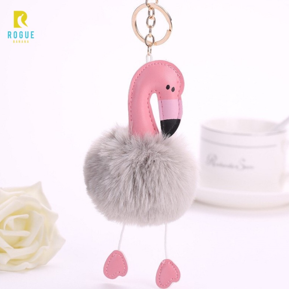 🆕Gray Flamingo Pom Puff Gold Keychain Bag Charm🆕